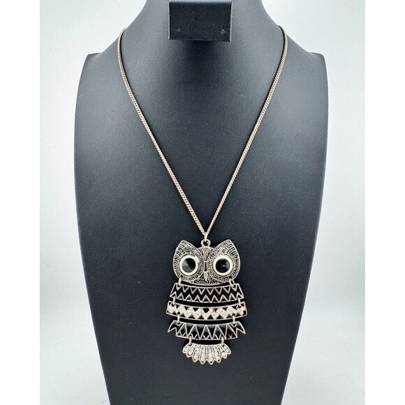 Vintage Art Deco Style Owl Pendant Necklace – Black Enamel & Rhinestone Long - Picture 4 of 13